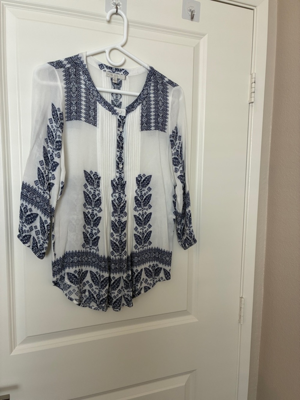 Pale Sky Boho-Print Navy and White Women's Blouse
